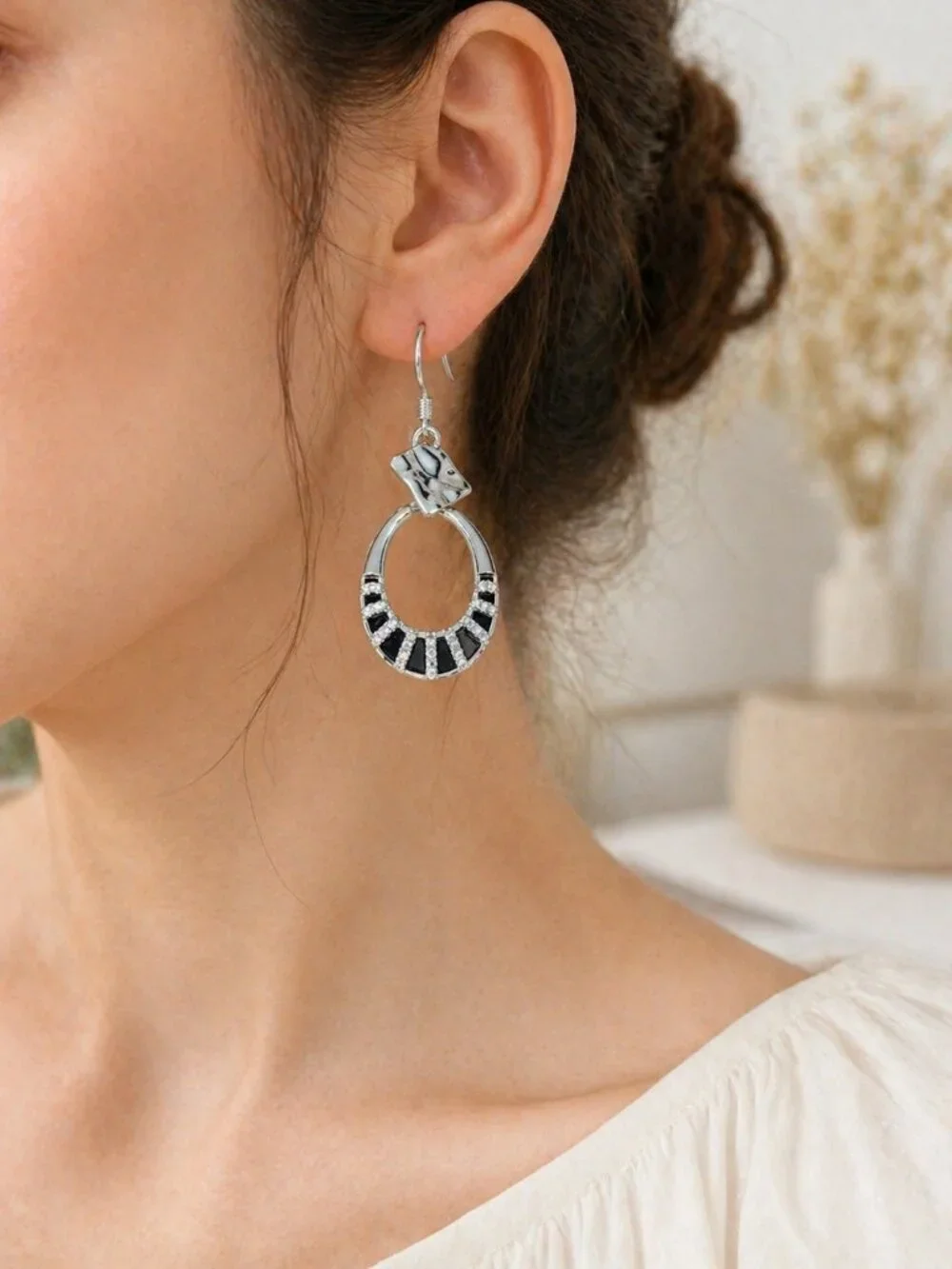 Silver Ethnic Oval Hoop Dangle Earrings Black Accent Mother's Day Gift